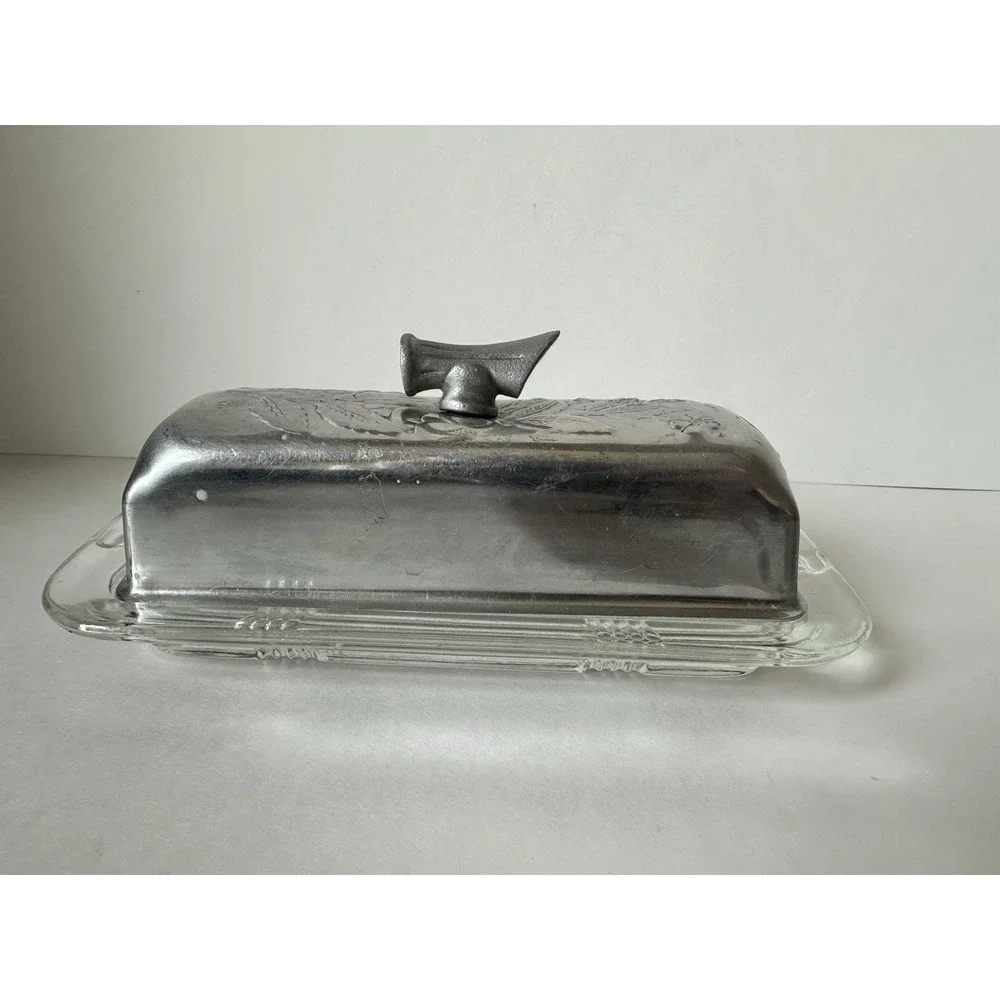 Vintage 1940's Hammered Aluminum Butter Dish W/ Glass Insert Floral Motifs MCM